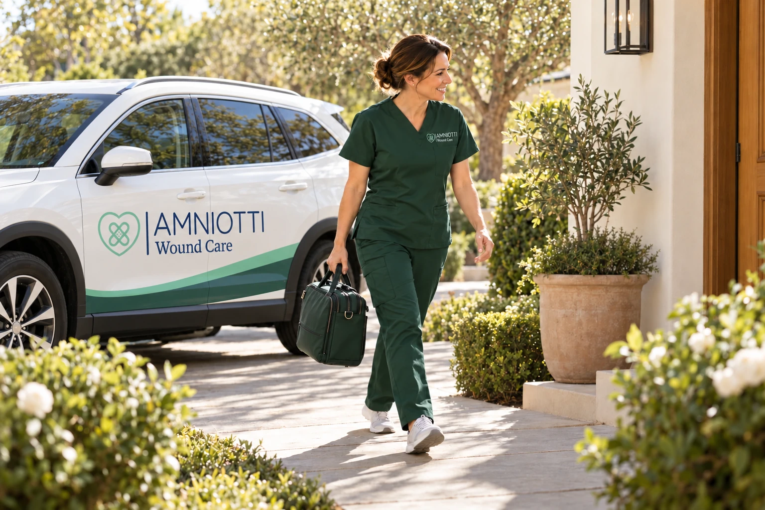 A clinician in branded green scrubs walking from an Amniotti-branded vehicle toward a home