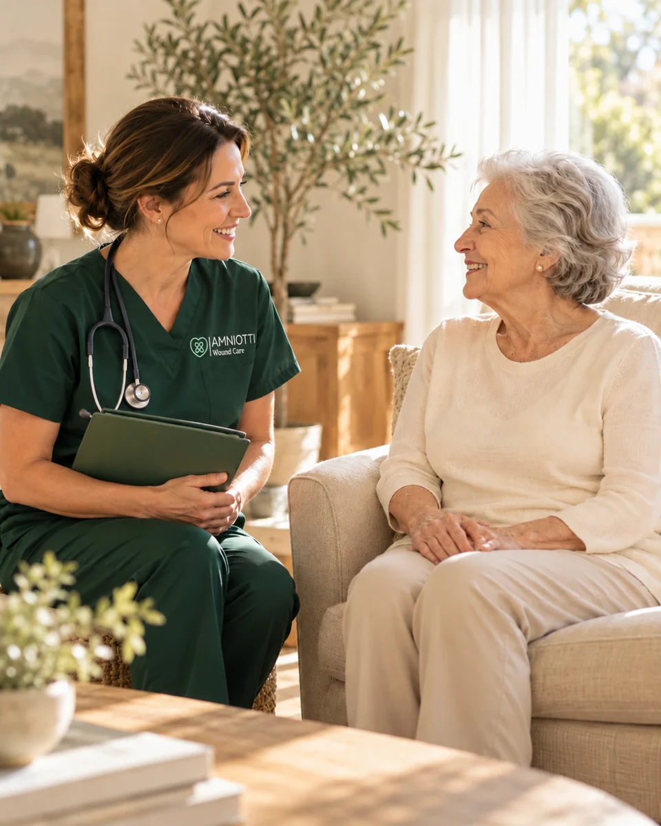 A clinician in Amniotti-branded scrubs speaking with an older adult at home