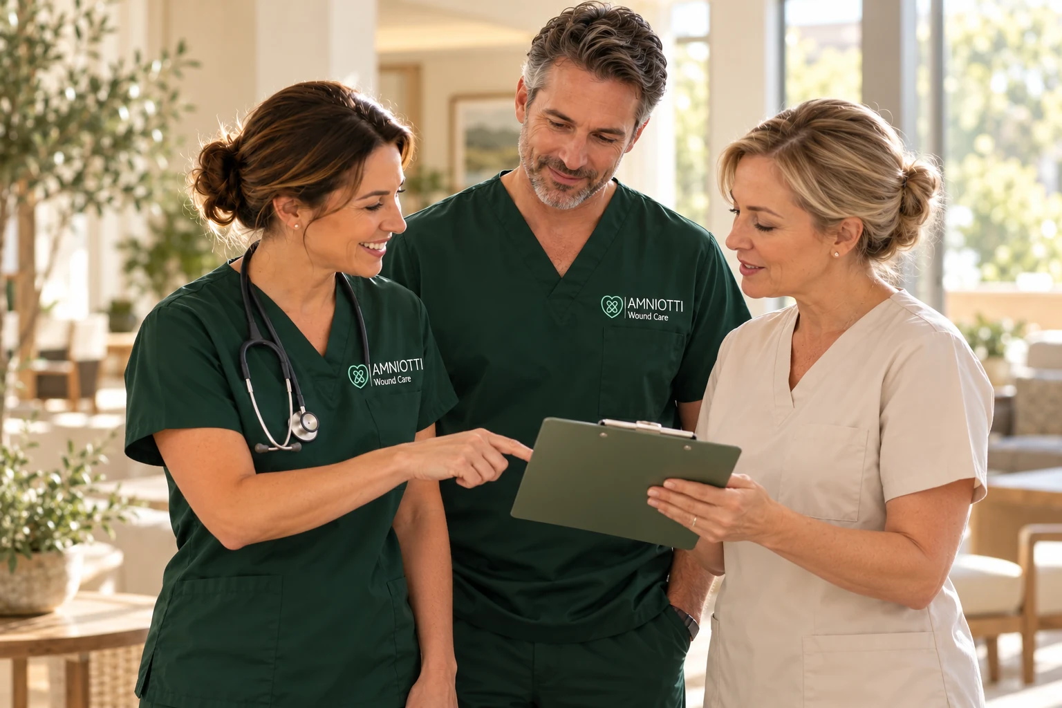 Two clinicians in Amniotti-branded scrubs collaborating with a facility nurse