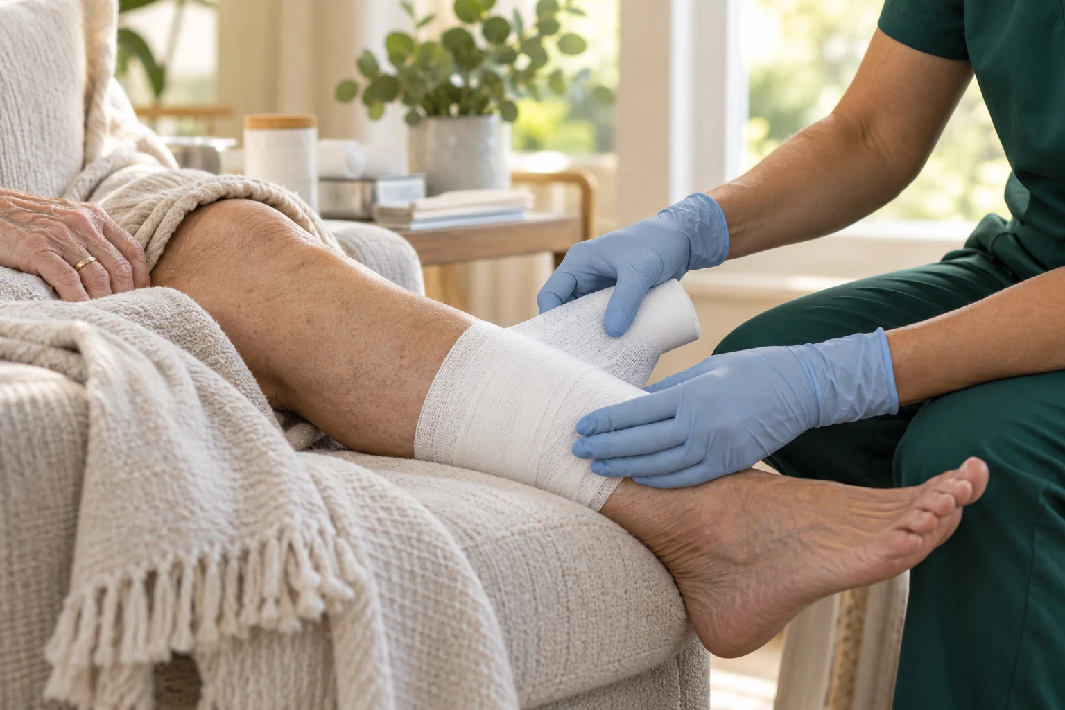 A clinician using gloved hands to place a clean dressing on a lower leg